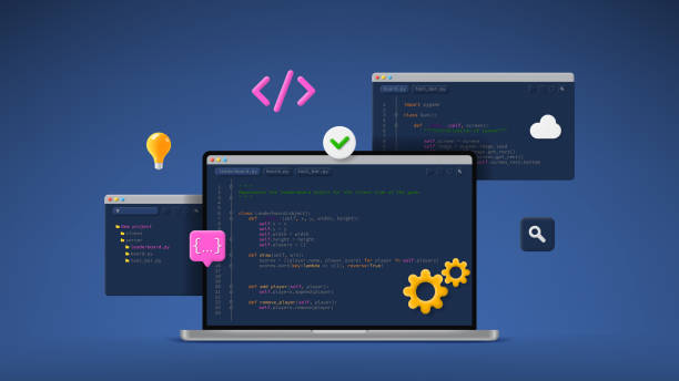concept of computer programming or developing software or game - 系統(tǒng)軟件開(kāi)發(fā) 幅插畫檔、美工圖案、卡通及圖標(biāo)